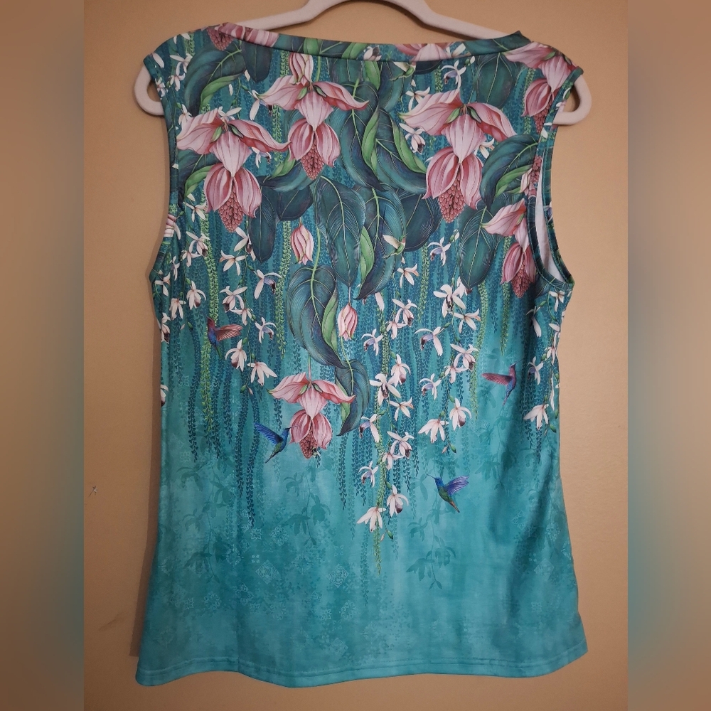 Sleeveless Floral Hummingbird Print Tank Top - Teal NWT Sz Medium - Picture 2 of 5